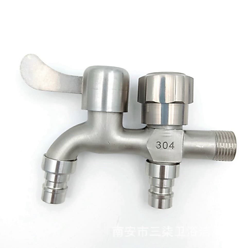 Vòi nước inox 304 chia 2 đầu ra độc lập, hoàn hảo cho máy giặt với 2 cổng xả tiện lợi.