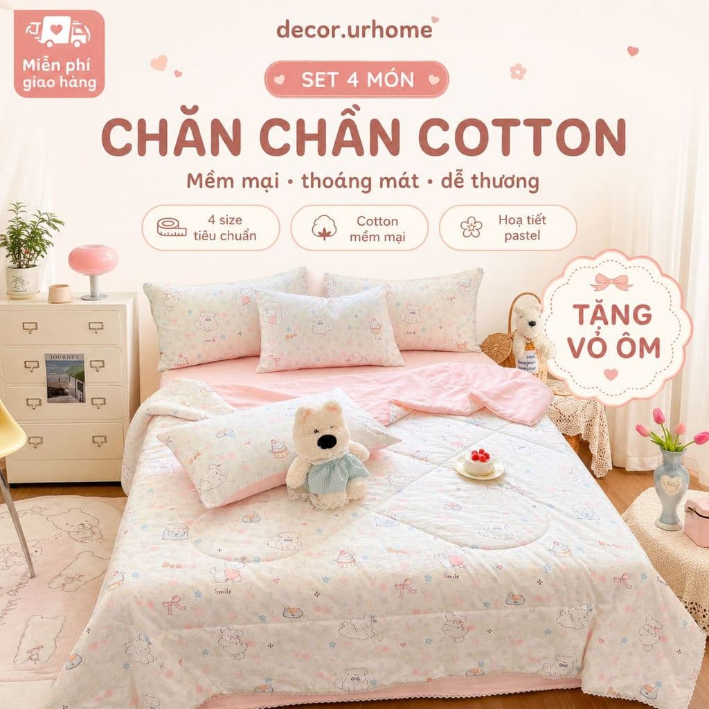 ( tặng ôm) Bộ Chăn Ga Gối 4 Món Cotton Đũi Chăn Hè Chần Bông Pastel Decor.urhome