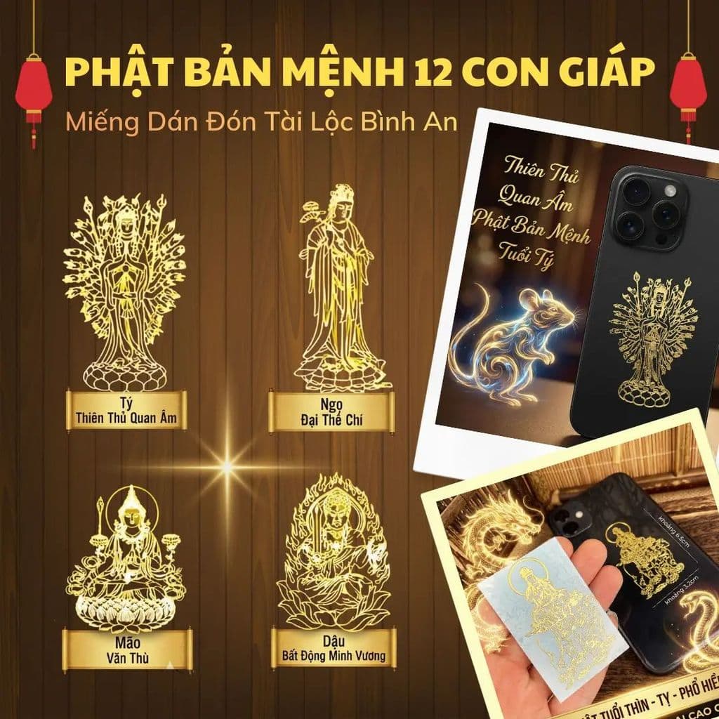 Miếng Dán Điện thoại Phật Bản Mệnh 12 Con Giáp Mạ Vàng Sang Trọng, Trang Trí Điện Thoại Ví Tiền Ý Nghĩa Bình An May Mắn