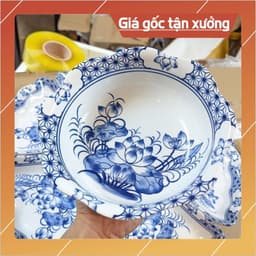 Bộ Bát Đĩa Hoa Mặt Trời Cúng gia tiên hoạ tiết vẽ hoa sen Xanh Hoa gốm sứ Bát Tràng 55cm 3