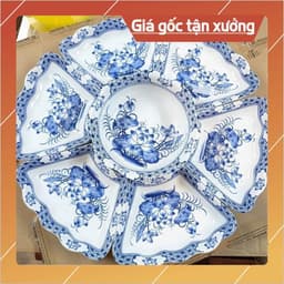 Bộ Bát Đĩa Hoa Mặt Trời Cúng gia tiên hoạ tiết vẽ hoa sen Xanh Hoa gốm sứ Bát Tràng 55cm 5