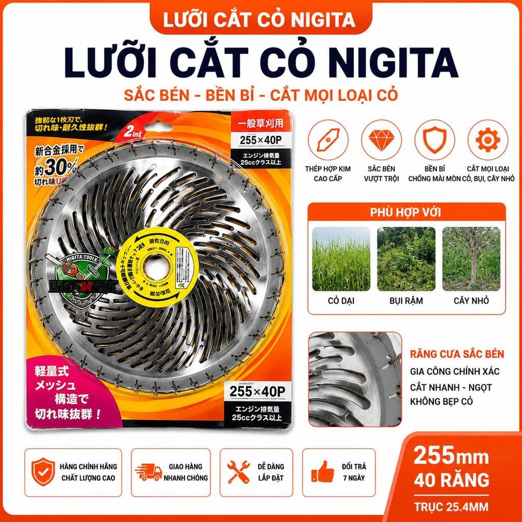 Lưỡi Cắt Cỏ Tròn NIGITA Nhật Bản Chính Hãng - Lưỡi Phát Cỏ Hợp Kim Đĩa Tròn Siêu Bén An Toàn Cho Máy Cắt Cỏ