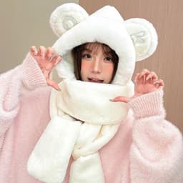 Mũ tai gấu bông liền khăn lông xù màu hồng, mũ trùm đầu giữ ấm đầu và cổ, phụ kiện mùa đông dễ thương ulzzang cho nữ 4
