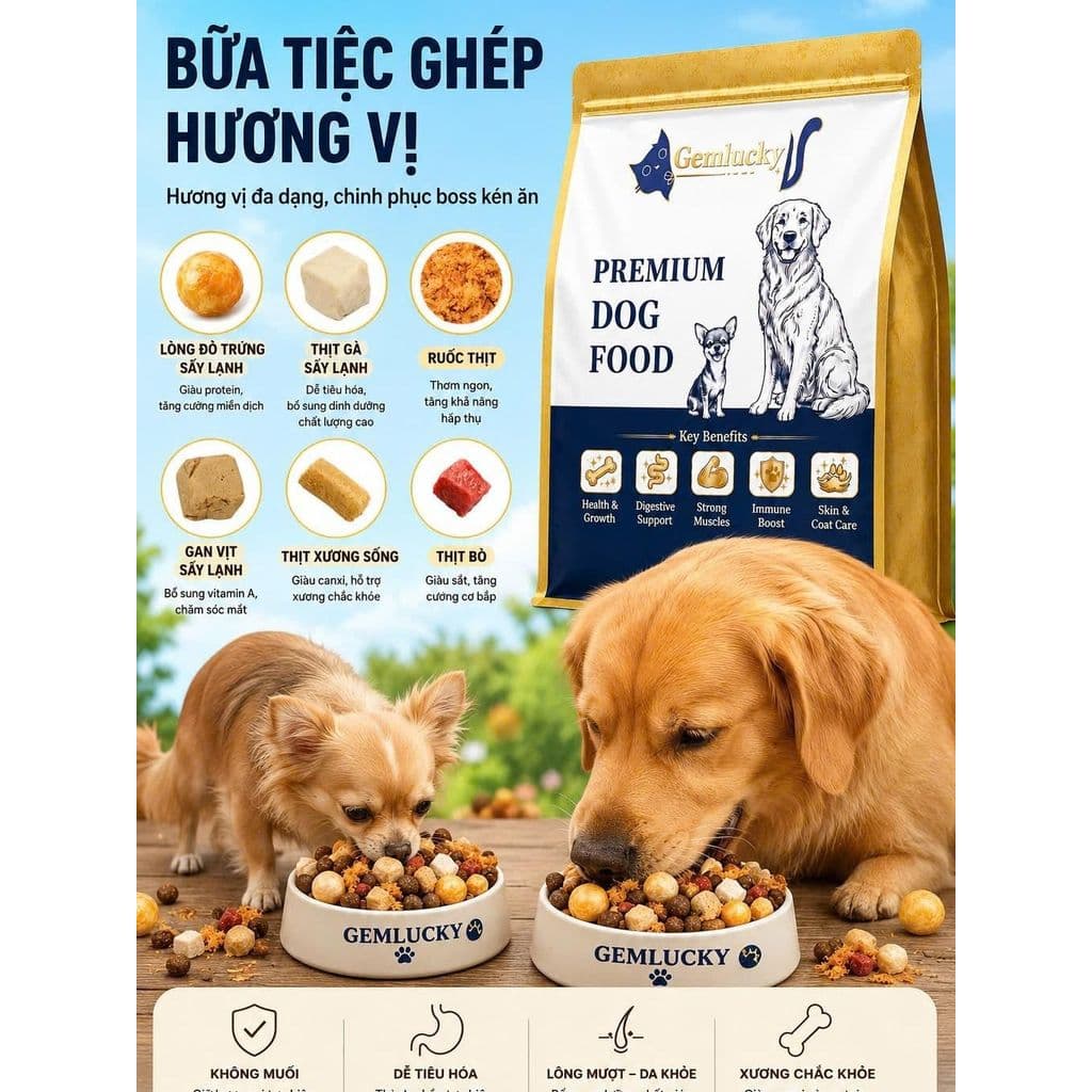(Bao 10kg )Hạt Gemlucky Thức ăn hạt cao cấp dành cho chó mọi lứa tuổi Mix 5 Toping