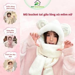 Mũ tai gấu bông liền khăn lông xù màu hồng, mũ trùm đầu giữ ấm đầu và cổ, phụ kiện mùa đông dễ thương ulzzang cho nữ 1