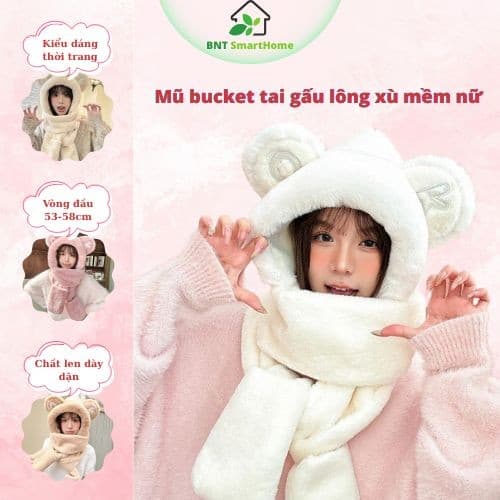 Mũ tai gấu bông liền khăn lông xù màu hồng, mũ trùm đầu giữ ấm đầu và cổ, phụ kiện mùa đông dễ thương ulzzang cho nữ
