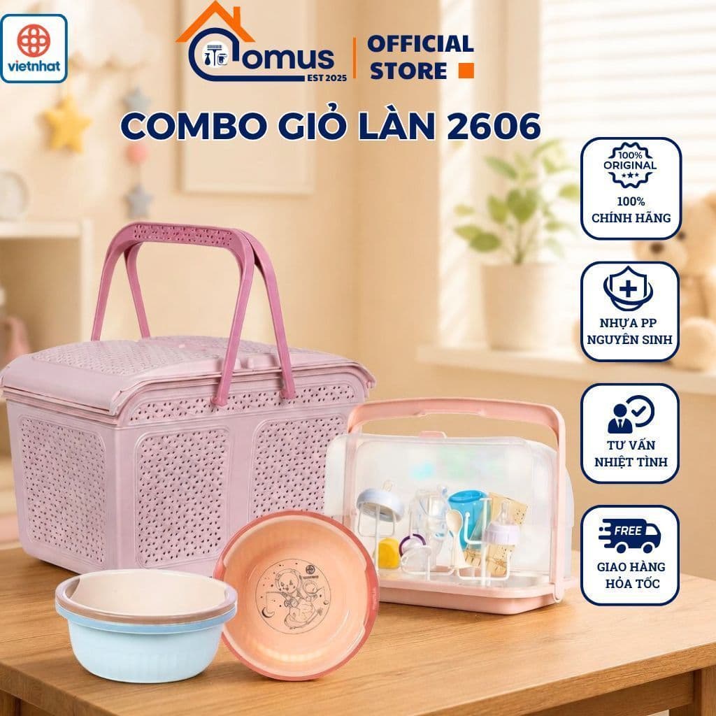 Làn Nhựa Việt Nhật 2606, Giỏ Đựng Đồ Sơ Sinh Có Nắp Mở, Dùng Đi Sinh Tiện Lợi, Thoáng Khí - TDH