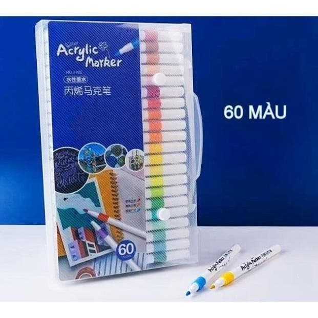 Bút màu acrylic marker 60 màu vẽ sơn chống nước bộ cọ vẽ trên mọi chất liệu bề mặt - Hộp bút màu 60 chi tiết