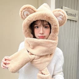Mũ tai gấu bông liền khăn lông xù màu hồng, mũ trùm đầu giữ ấm đầu và cổ, phụ kiện mùa đông dễ thương ulzzang cho nữ 6