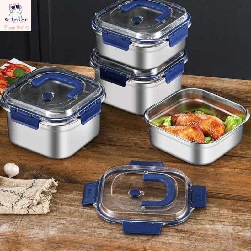 Set 3 Hộp Đựng Thực Phẩm Inox Có Quai, Khay Đựng Đồ Tủ Lạnh Ngăn Mùi Có Nắp 1800ml