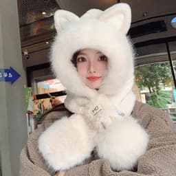 Mũ tai mèo bông liền khăn lông xù, mũ trùm đầu giữ ấm che tai cổ, phụ kiện mùa đông dễ thương ulzzang free size nữ 2