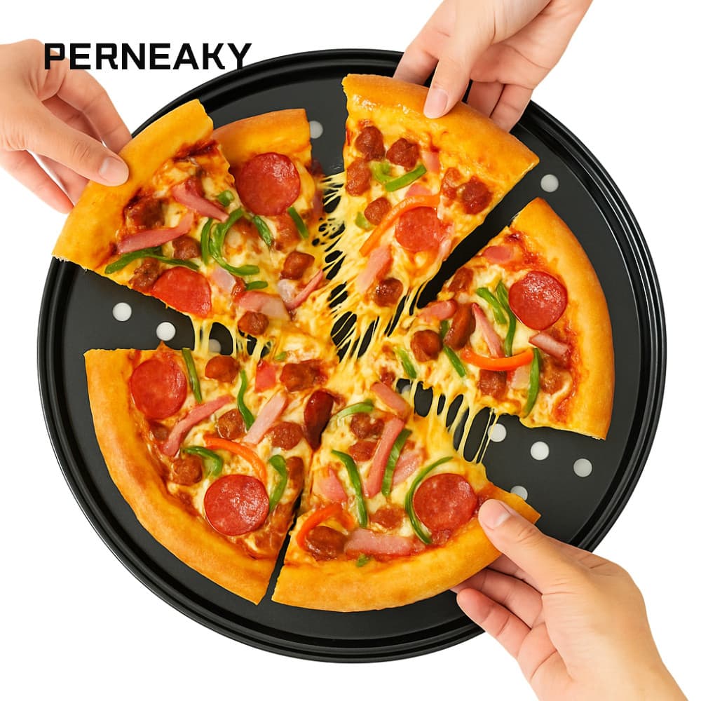 Khay nướng bánh pizza PERNEAKY, Bộ chảo pizza đục lỗ bằng thép Carbon, Đĩa nấu ăn muppi tròn bền 10 / 11 / 12 Inch giòn & Bubbly