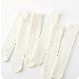 Set 5 Tất Cotton Cao Đùi Tone Trắng Vitage Họa Tiết Vặn Thừng Nổi Xinh Xắn Cho Bé Gái te69 1