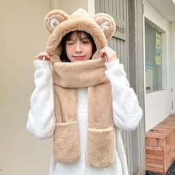 Mũ tai gấu bông liền khăn lông xù màu hồng, mũ trùm đầu giữ ấm đầu và cổ, phụ kiện mùa đông dễ thương ulzzang cho nữ 5