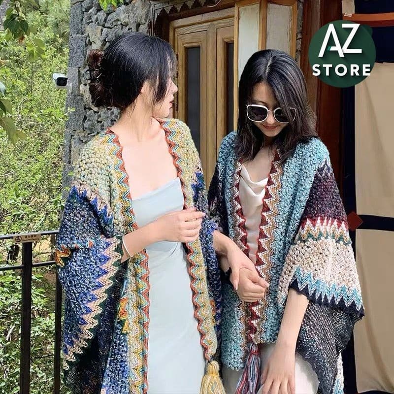 Khăn Áo Choàng Len Thổ Cẩm Nữ Mùa Thu Đông Kiểu Khoác Ngoài Chất Len Móc Dày Ấm🌏FREE SHIP🌎 Thời Trang Du Mục 