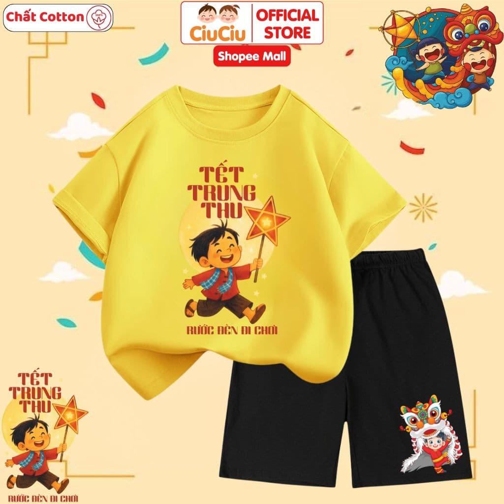 Bộ Quần Áo Cộc Tay Hình Bé Rước Đèn Trung Thu Cho Bé Trai Bé Gái CIUCIU KID Vải Cotton Thoáng Mát
