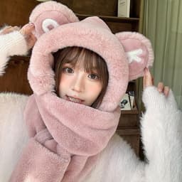 Mũ tai gấu bông liền khăn lông xù màu hồng, mũ trùm đầu giữ ấm đầu và cổ, phụ kiện mùa đông dễ thương ulzzang cho nữ 9