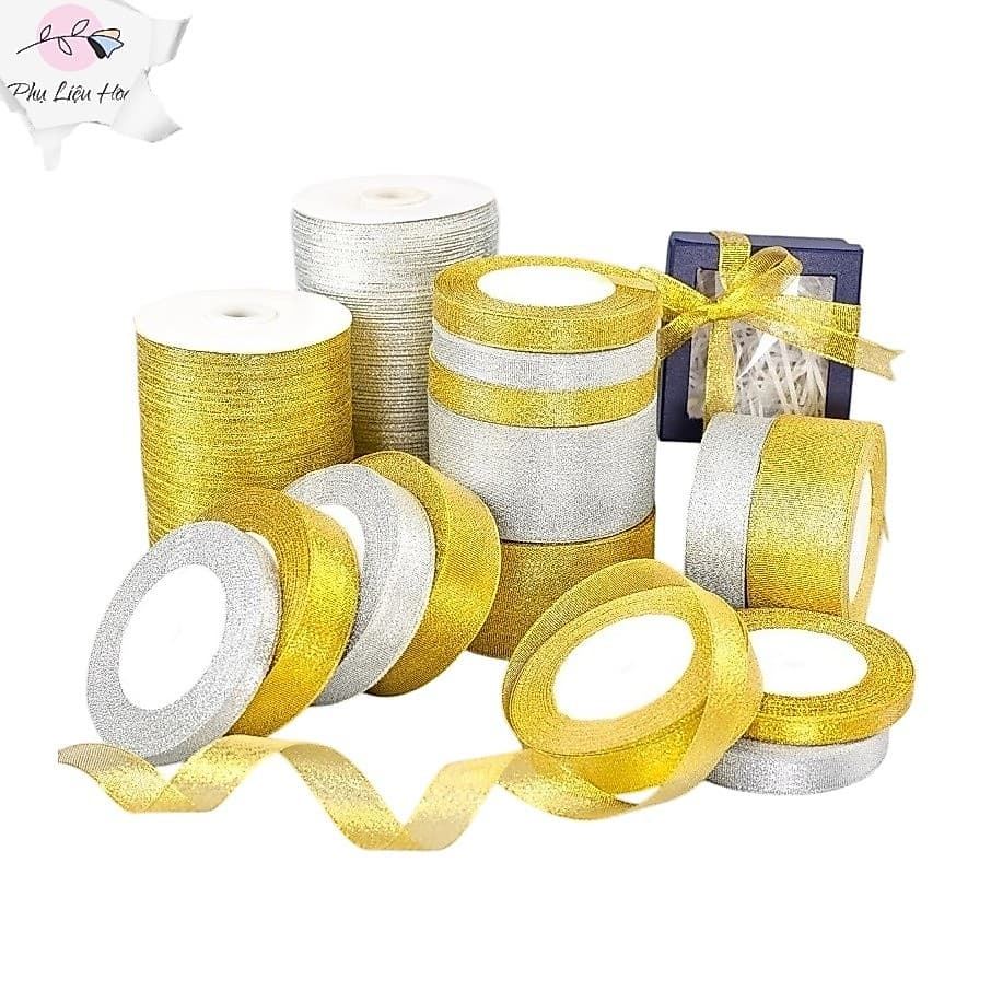 Ruy băng nhũ kim tuyến vàng bạc bản 22m