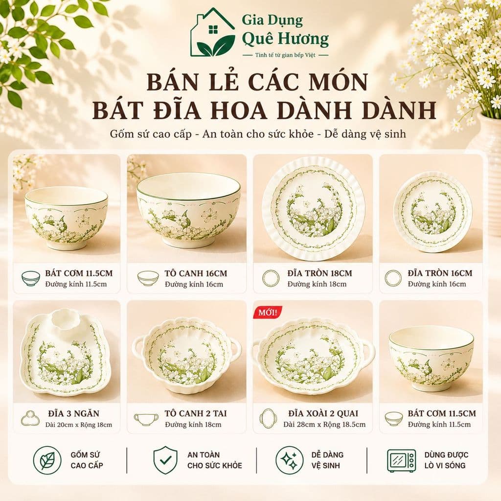 [ GiaDungQueHuong ] Lẻ sản phẩm bát đĩa gốm sứ họa tiết Hoa Dành Dành