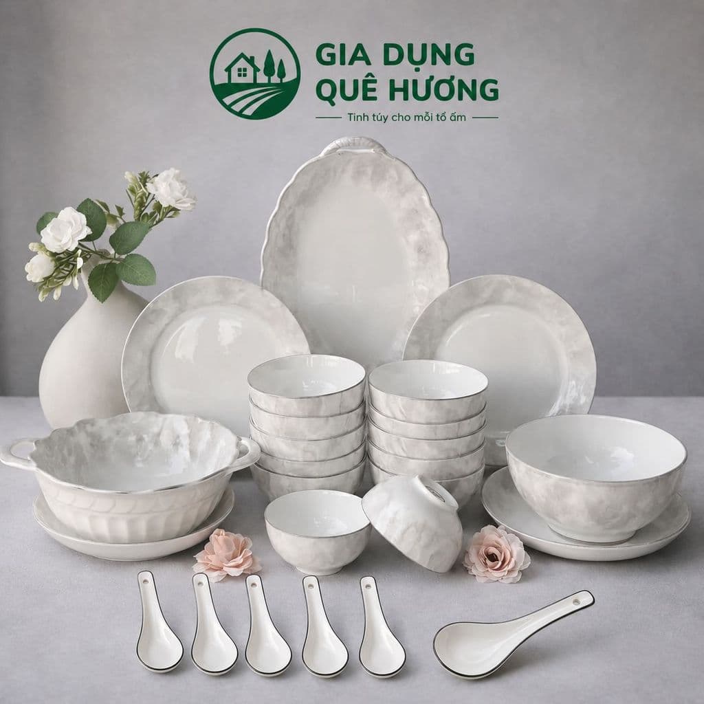 [ GiaDungQueHuong ] Bộ Bát Đĩa Gốm Sứ Họa Tiết Vân Đá MARBLE CAO CẤP - THANH LỊCH TRONG TỪNG CHI TIẾT
