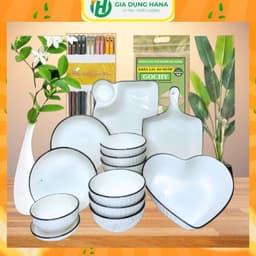 [HANA] Bộ Bát Đĩa 15 Trắng Viền Đen Gốm Sứ Ceramic Cao Cấp sang trọng cho gia đình,decor trang trí nhà ăn hiện đại 1