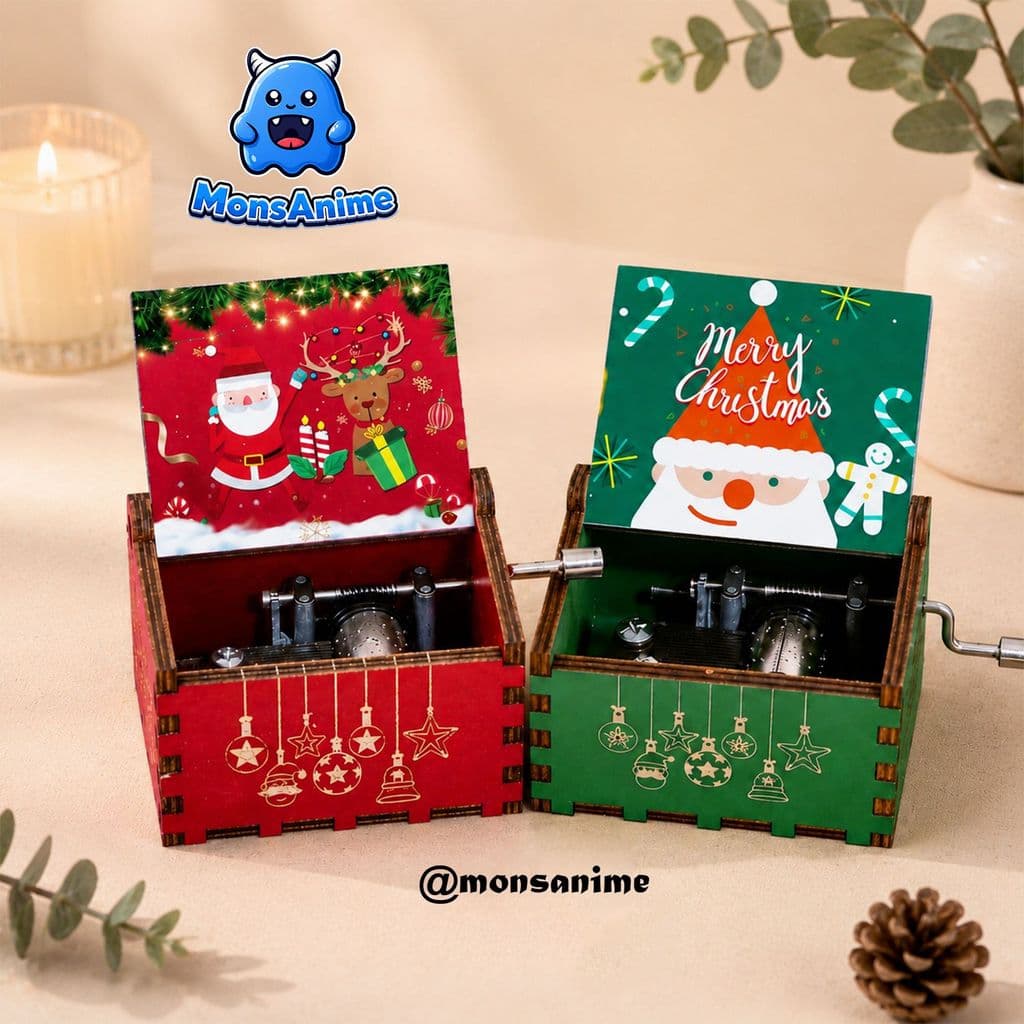 Hộp Nhạc Gỗ Music Box Giáng Sinh Cổ Điển Mini Merry Christmas Xanh và Đỏ –  Quà Tặng Noel Ý Nghĩa