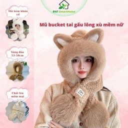 Mũ tai mèo bông liền khăn lông xù, mũ trùm đầu giữ ấm che tai cổ, phụ kiện mùa đông dễ thương ulzzang free size nữ 1
