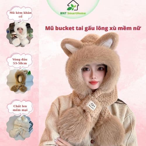 Mũ tai mèo bông liền khăn lông xù, mũ trùm đầu giữ ấm che tai cổ, phụ kiện mùa đông dễ thương ulzzang free size nữ