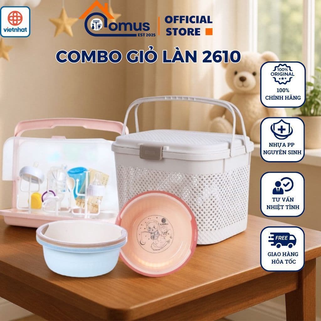 Giỏ Hokori 2610 Việt Nhật, Làn Đi Sinh Có Nắp, Quai Xách Đựng Đồ Mẹ Và Bé, Nhựa Đan Cao Cấp - DOMUS