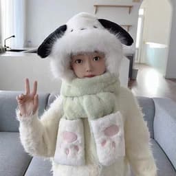 Mũ len lông cừu cho bé 5-12 tuổi, mũ chùm đầu giữ ấm 3 trong 1 kèm khăn quàng cổ và găng tay hoạ tiết kuromi 6