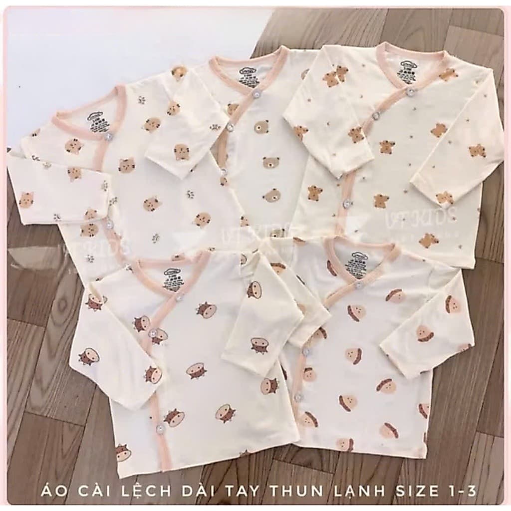 Combo 1-3 Áo dài tay sơ sinh màu kem vạt chéo thun lạnh phối màu in hoạ tiết cho bé 0 - 9 tháng