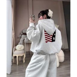 sét bộ thu đông quần da cá dáng dài màu xám tiêu cạp trắng+ mix áo khoác nỉ in hình cờ MỸ 4