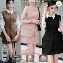 Sét  Váy Áo Gile Vest Cúc Bọc Sang Trọng Phối Sơ Mi Tơ Thanh Lịch Chansee Studio 1
