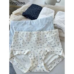 Yingbao 5 Chiếc Cotton Boxer Ngắn Eo Cao Quần Lót Nữ Boyshort Quần Lót Bảo Vệ Toàn Diện Co Giãn In Hoa Kẻ Sọc Quần Lót Plus Kích Thước 9