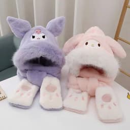 Mũ len lông cừu cho bé 5-12 tuổi, mũ chùm đầu giữ ấm 3 trong 1 kèm khăn quàng cổ và găng tay hoạ tiết kuromi 3