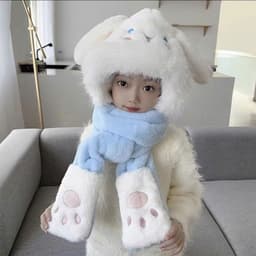 Mũ len lông cừu cho bé 5-12 tuổi, mũ chùm đầu giữ ấm 3 trong 1 kèm khăn quàng cổ và găng tay hoạ tiết kuromi 5