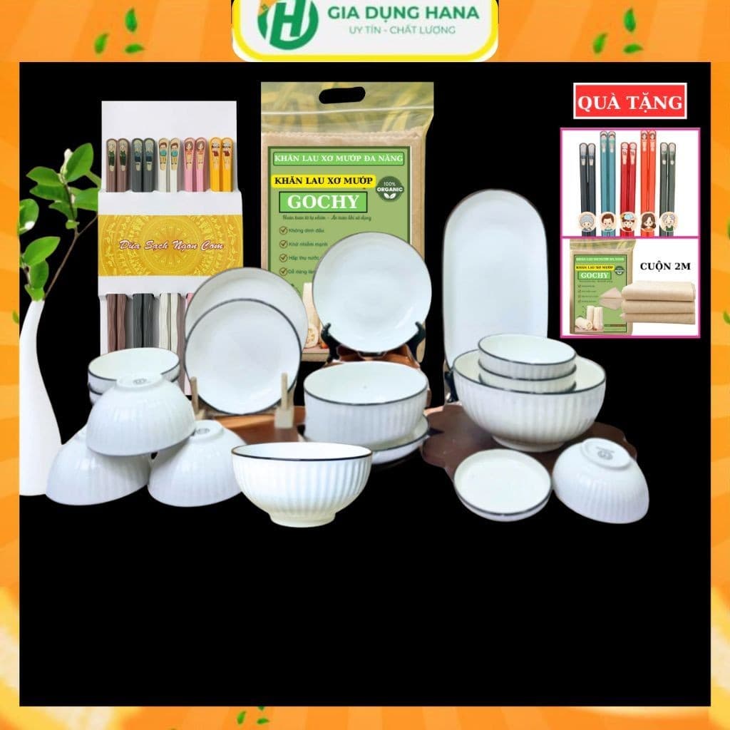 Bộ Bát Đĩa Trắng Viền Đen Gochy Đủ Món Chất Liệu Gốm Sứ Ceramic cao cấp chịu nhiệt tốt,decor trang trí bàn ăn sang trọng