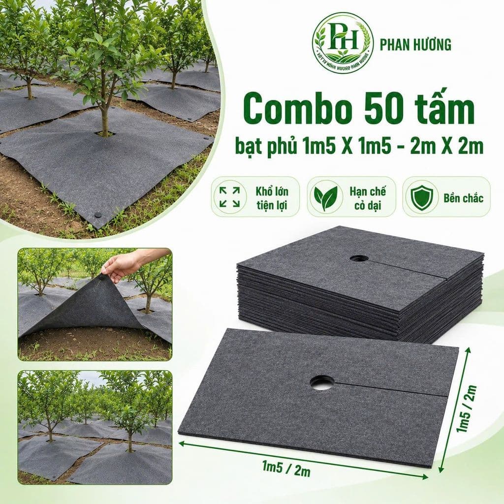 Combo 50 tấm bạt phủ 1m5x1m5 - 2mx2m - Vải địa kỹ thuật chống cỏ mọc