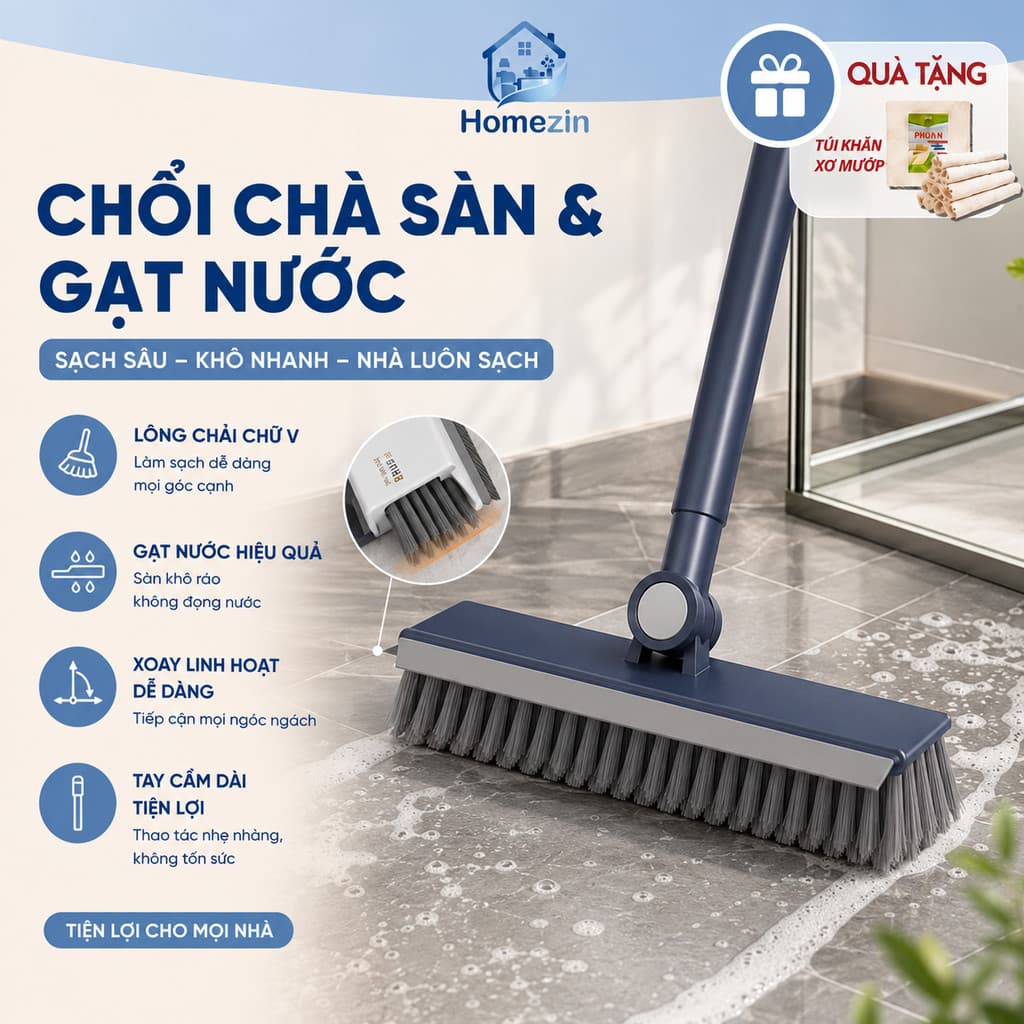 Cây Chà Sàn Nhà Tắm, Chổi Chà Sàn Và Gạt Nước Đa Năng 2 Trong 1, Chổi Cọ Nhà Vệ Sinh Dài 100cm Homezin