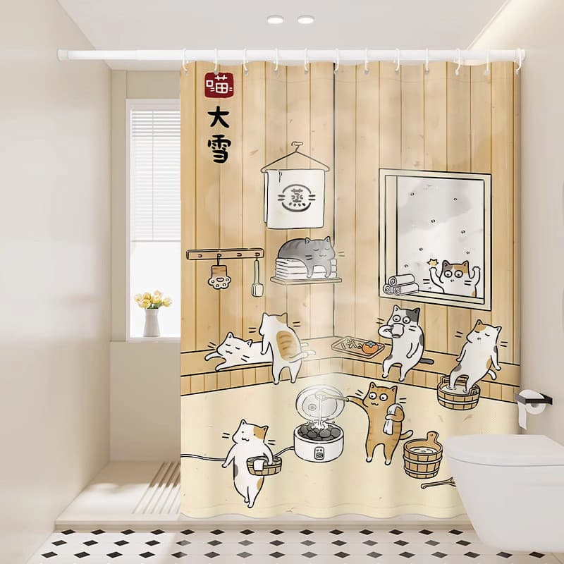 Rèm tắm mèo hoạt hình phong cách Nhật Bản, vách ngăn phòng tắm chống thấm nước dày để tách khô ướt