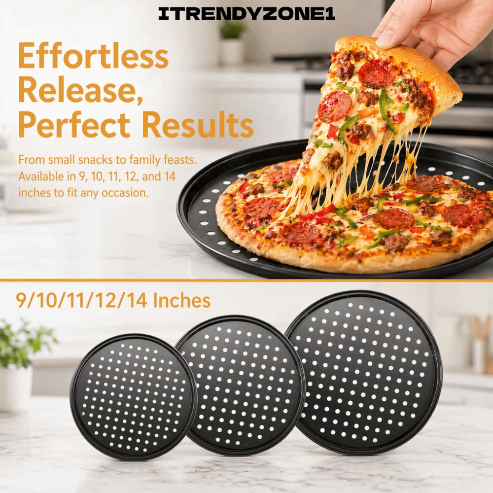Khay nướng bánh pizza ITRENDYZONE1, Bộ chảo pizza đục lỗ chống dính mục đích Mupti, Dụng cụ làm bánh bằng thép Carbon tròn 9 / 10 / 11 / 12 / 14 Inch bền bỉ Dụng cụ nướng bánh bằng thép Carbon giòn & Bubbly