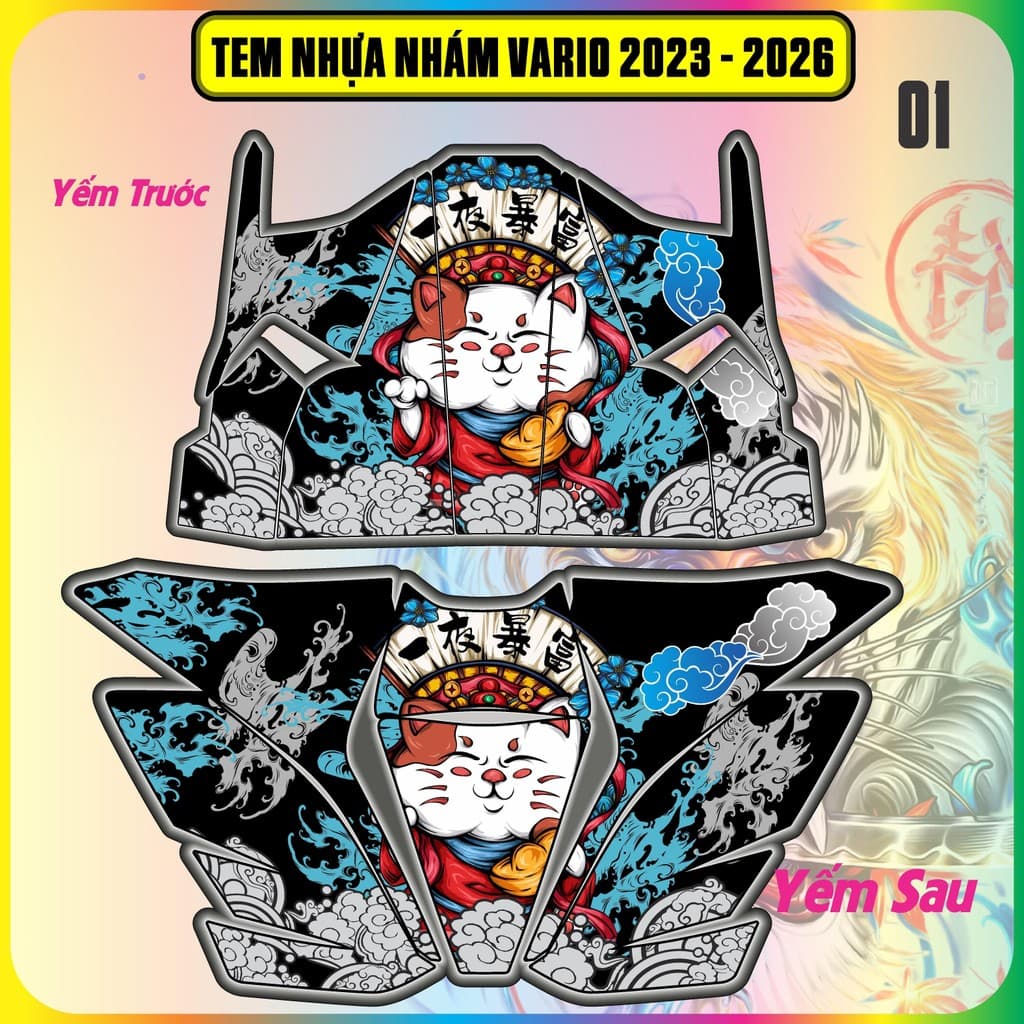 Tem Dán Nhựa Nhám Vario 125 2023-2025  Mẫu Mèo Thần Tài Cực Chất Decal 3 Lớp