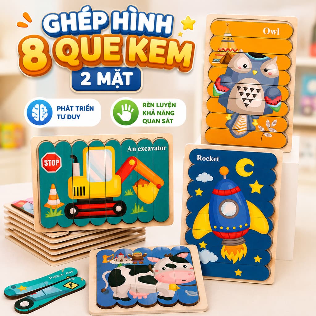 Puzzle Gỗ Que Kem 2 Mặt Cho Bé 2–6 Tuổi | Đồ Chơi Ghép Hình Phát Triển Tư Duy