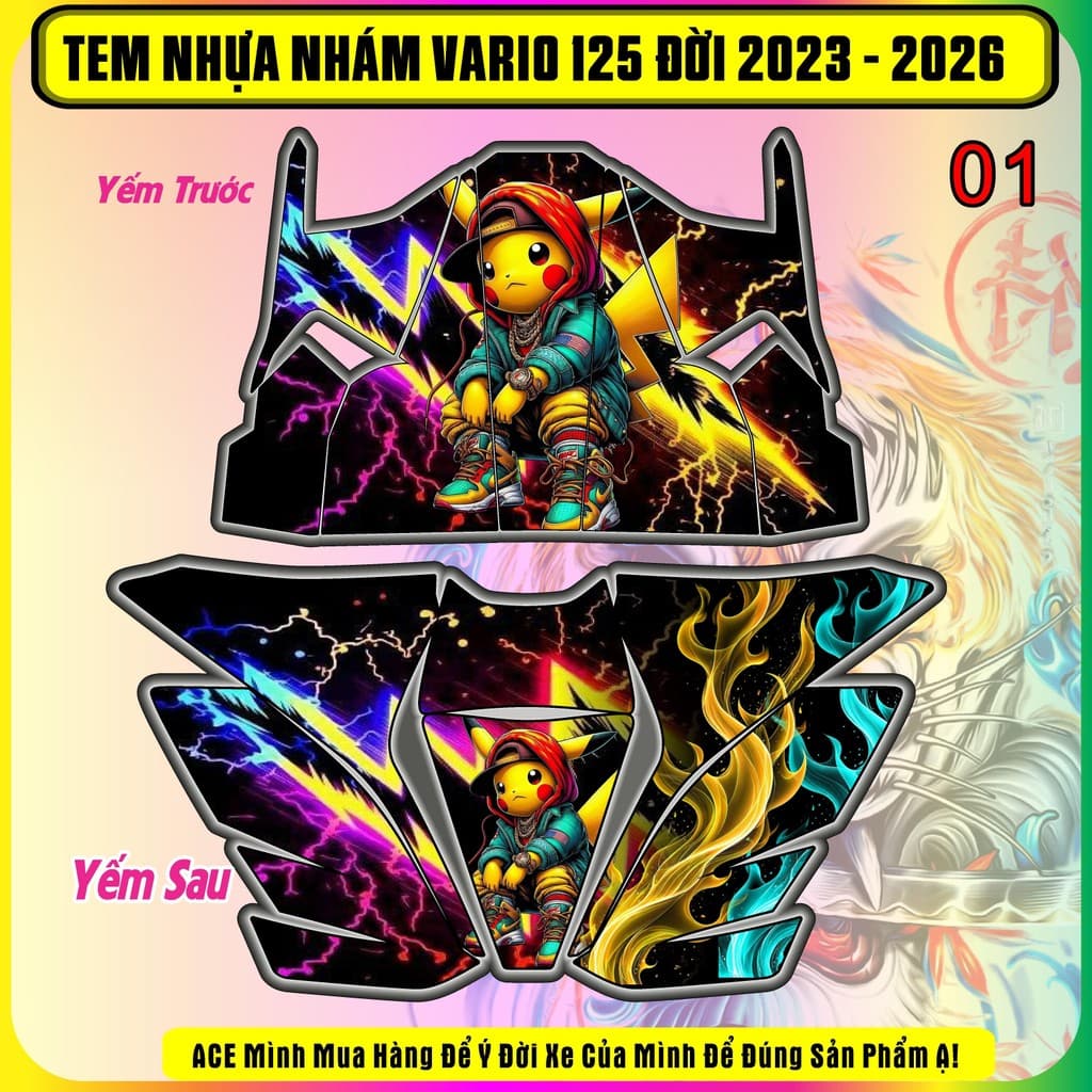 Tem dán nhựa nhám cho Vario 125 đời 2023-2026 Mẫu Pikachu . Mẫu mới hot trend cực chất