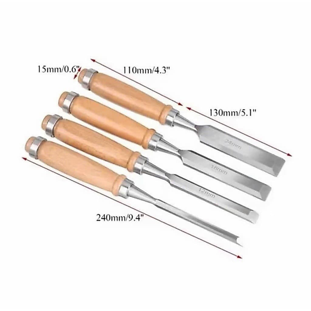Bộ 4 Đục Gỗ Tay Cầm Gỗ Cao Cấp – Dụng Cụ Chạm Khắc, Tiện Mộc, Sửa Chữa Gỗ, Hàng Loại 1
