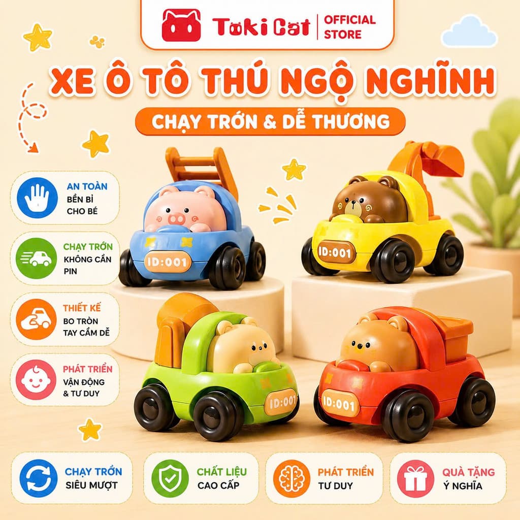 Xe Ô Tô Hình Thú Ngộ Nghĩnh Cho Bé – Đồ Chơi Kéo Đà Siêu Vui Toki Cat