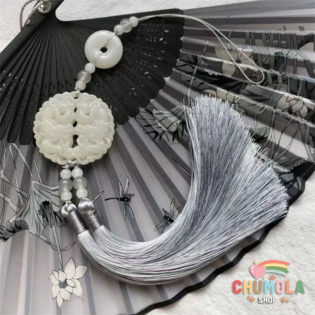 Tua Rua Đôi Gắn Ngọc Bội Trắng Cổ Trang Cao Cấp | Phụ Kiện Treo Hông Hán Phục, Treo Quạt, Trang Trí