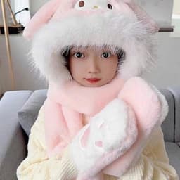 Mũ len lông cừu cho bé 5-12 tuổi, mũ chùm đầu giữ ấm 3 trong 1 kèm khăn quàng cổ và găng tay hoạ tiết kuromi 4