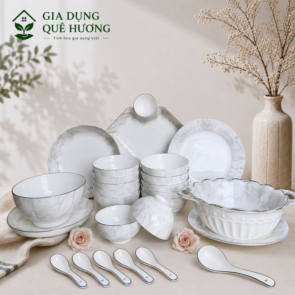 [ GiaDungQueHuong ] Bộ Bát Đĩa Gốm Sứ Họa Tiết Vân Đá MARBLE Cơ Bản - THANH LỊCH TRONG TỪNG CHI TIẾT