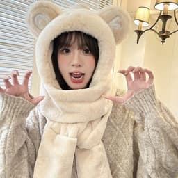 Mũ tai gấu bông liền khăn lông xù màu hồng, mũ trùm đầu giữ ấm đầu và cổ, phụ kiện mùa đông dễ thương ulzzang cho nữ 2